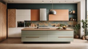 Cozinha antes e depois da aplicação de adesivos decorativos, destacando a transformação de um espaço simples para um ambiente vibrante e personalizado.