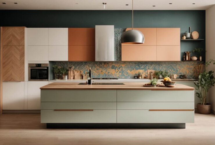 Cozinha antes e depois da aplicação de adesivos decorativos, destacando a transformação de um espaço simples para um ambiente vibrante e personalizado.