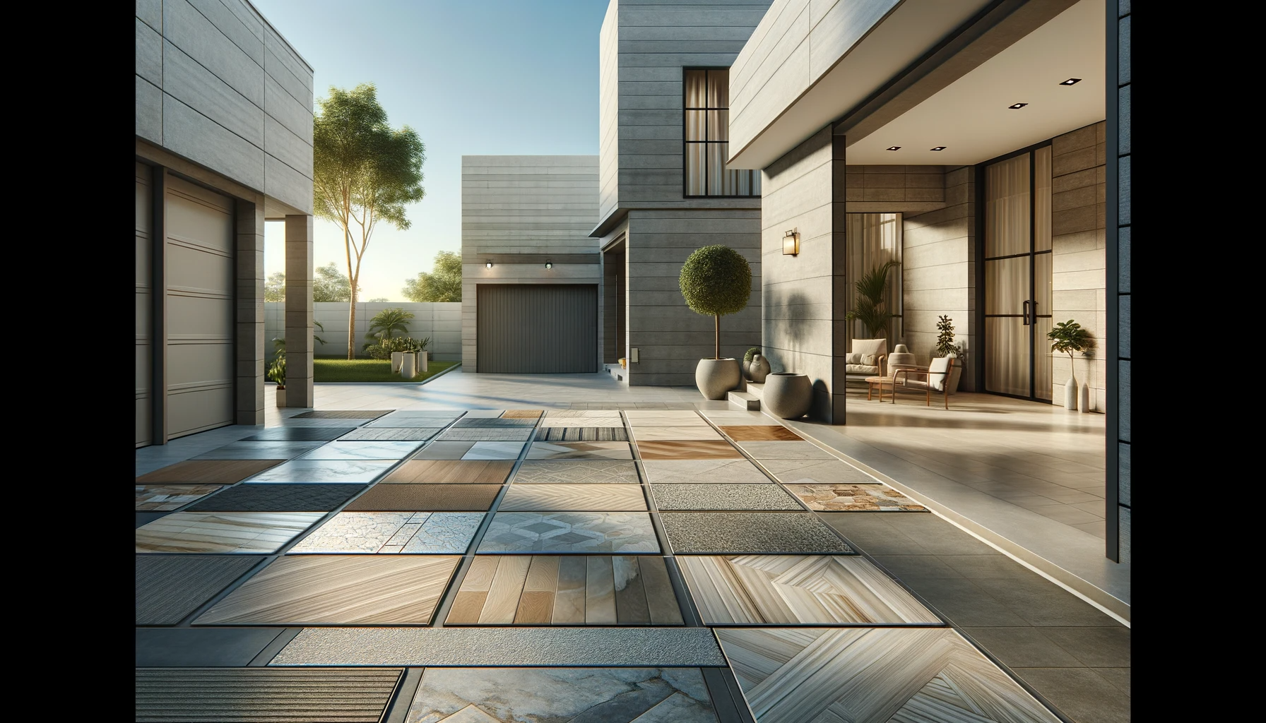 Foto realista de uma área externa residencial com garagem, mostrando diferentes tipos de pisos como cerâmica, porcelanato, pedra natural e concreto, em um ambiente harmonioso e prático.
