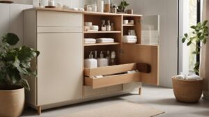 Armário de banheiro com design otimizado para economia de espaço, mostrando gavetas ocultas e armários suspensos em um ambiente de banheiro pequeno e moderno.