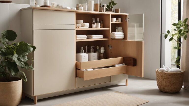 Armário de banheiro com design otimizado para economia de espaço, mostrando gavetas ocultas e armários suspensos em um ambiente de banheiro pequeno e moderno.