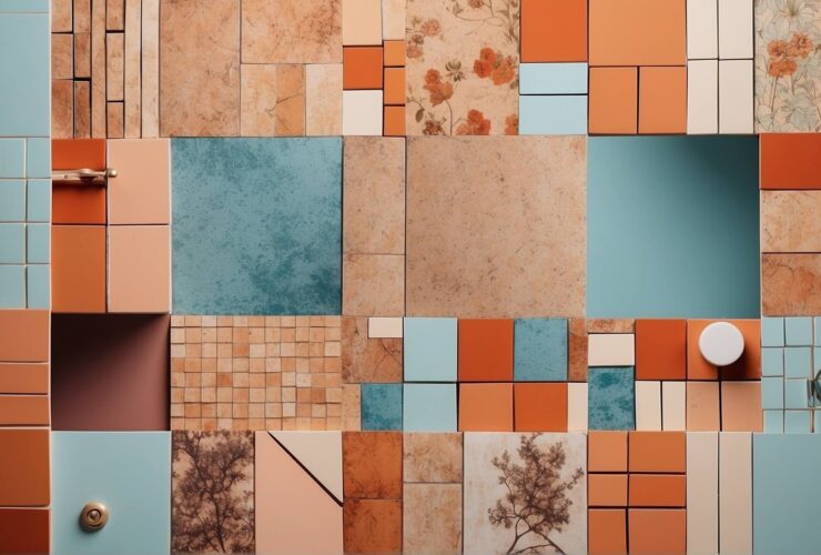 Quatro estilos diferentes de azulejo decorado para banheiro – vintage, minimalista, naturalista e geométrico – em uma imagem colagem, destacando a variedade e o charme na decoração de banheiros.