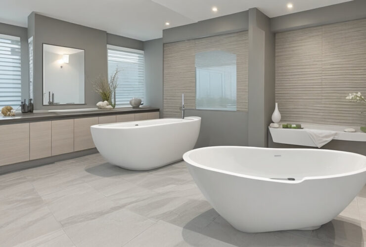 Banheira com suporte em um banheiro moderno com jatos de hidromassagem, controles digitais e decoração elegante, representando luxo e conforto.