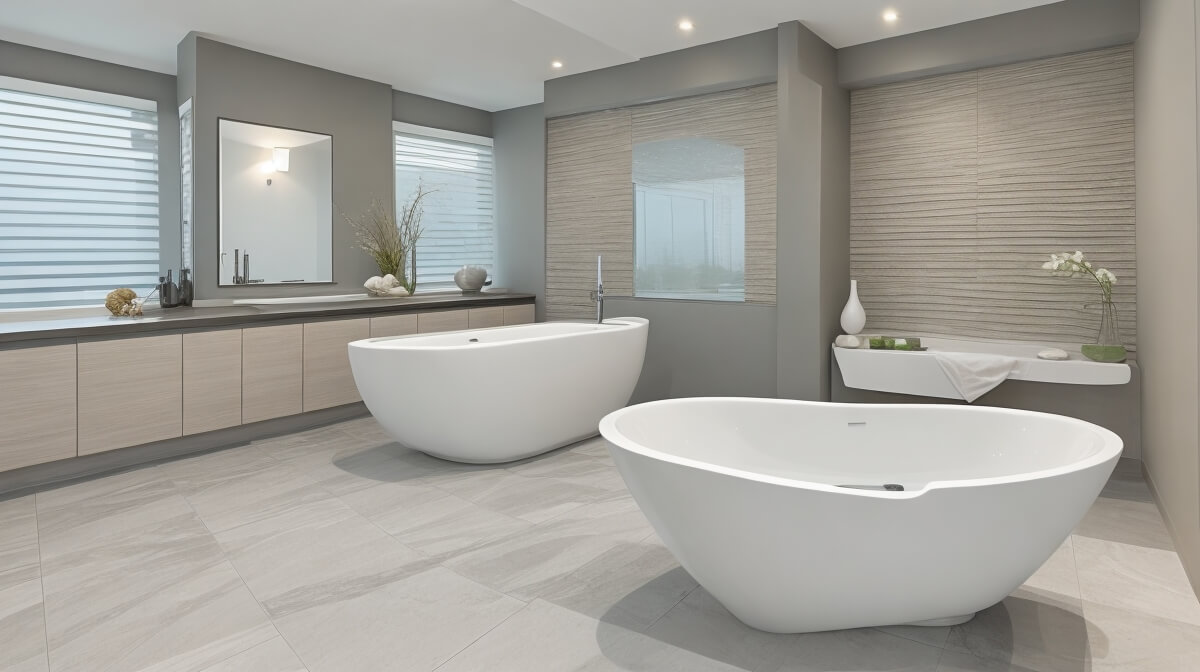 Banheira com suporte em um banheiro moderno com jatos de hidromassagem, controles digitais e decoração elegante, representando luxo e conforto.
