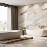 Banheiro luxuoso com paredes claras e uma faixa decorativa vertical de mármore, banheira de imersão e iluminação suave, refletindo elegância e design moderno.