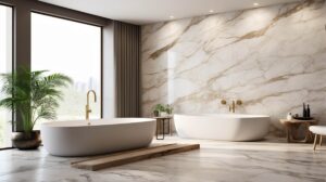 Banheiro luxuoso com paredes claras e uma faixa decorativa vertical de mármore, banheira de imersão e iluminação suave, refletindo elegância e design moderno.