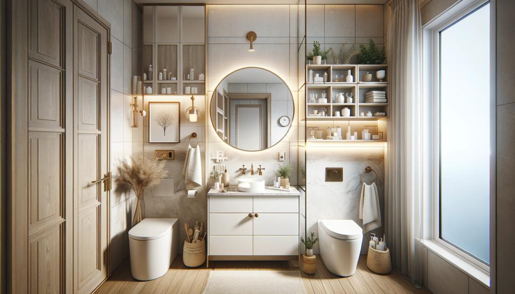Foto realista de um banheiro pequeno decorado com sofisticação e praticidade.