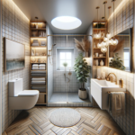 Foto realista de um banheiro pequeno com design inovador e minimalista.