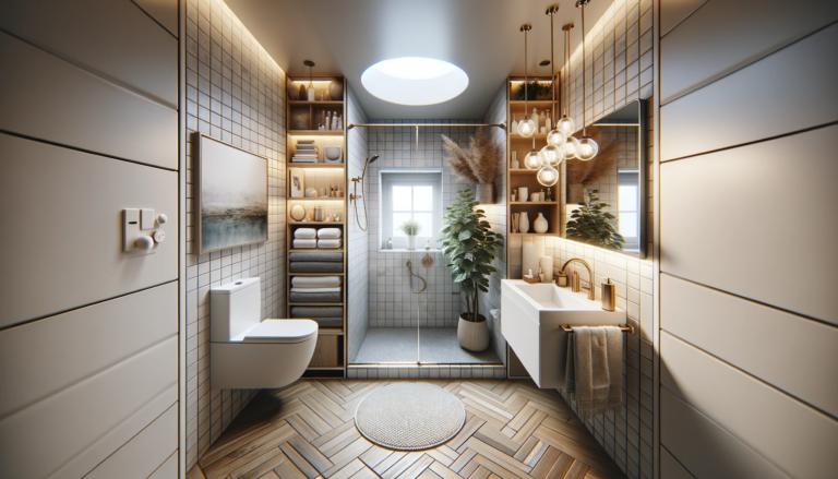 Foto realista de um banheiro pequeno com design inovador e minimalista.