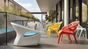 Uma seleção diversificada de cadeiras para área externa, incluindo modelos empilháveis, de plástico reforçado, estilo lounge e modulares, apresentadas em um terraço urbano, destacando a versatilidade e o design inovador.