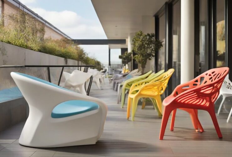 Uma seleção diversificada de cadeiras para área externa, incluindo modelos empilháveis, de plástico reforçado, estilo lounge e modulares, apresentadas em um terraço urbano, destacando a versatilidade e o design inovador.