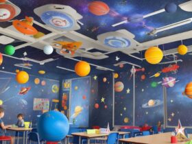 Sala de aula temática de astronauta com decorações espaciais coloridas, incluindo foguetes, planetas, mural do sistema solar e crianças usando chapéus de astronauta.