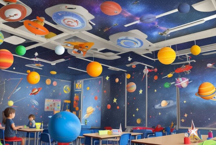 Sala de aula temática de astronauta com decorações espaciais coloridas, incluindo foguetes, planetas, mural do sistema solar e crianças usando chapéus de astronauta.