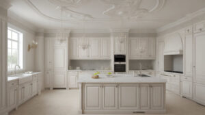Cozinha minimalista com teto de gesso inovador, sancas iluminadas e balcão com detalhes em gesso, em um ambiente luminoso e espaçoso.