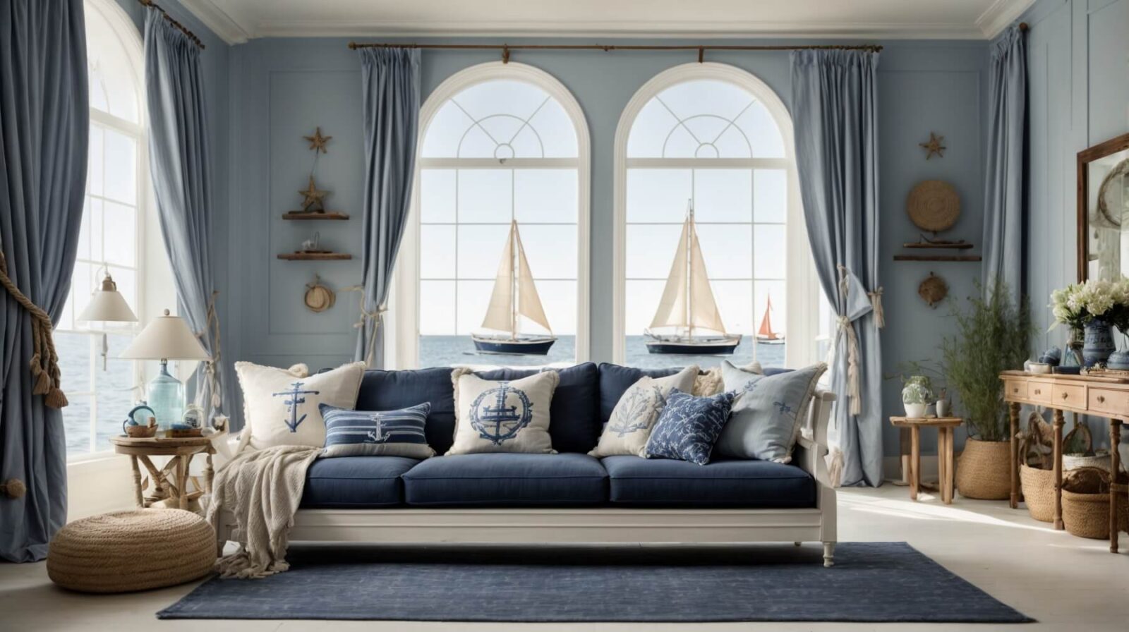 Sala de estar aconchegante com decoração náutica, apresentando sofá azul, almofadas com tema marítimo e acessórios decorativos náuticos.