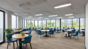 Sala de descanso empresarial moderna com fonte de água, iluminação inteligente e móveis ergonômicos, cercada por plantas e banhada em luz natural.