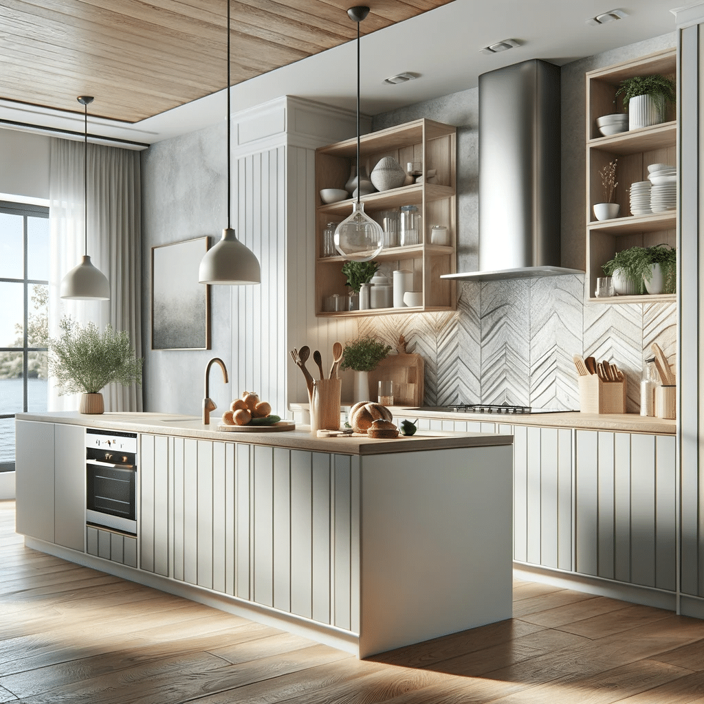 Foto realista de uma cozinha moderna e organizada com ilha, armários eficientes e decoração contemporânea.