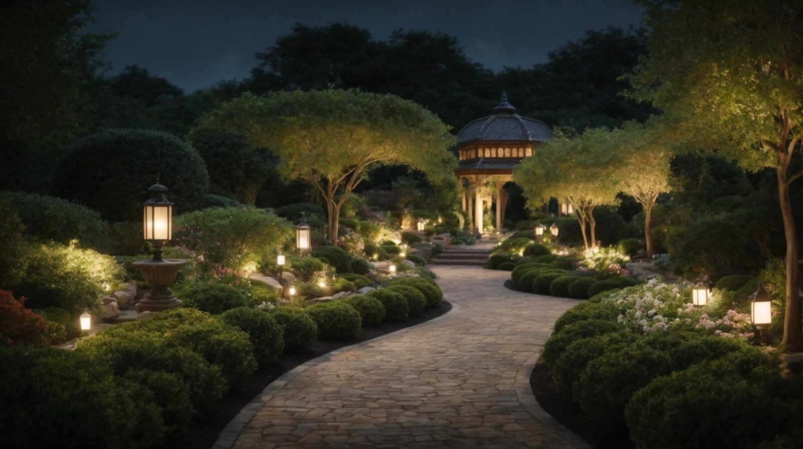 Caminho de jardim à noite, iluminado por diversas lanternas decorativas para área externa, realçando a beleza natural e criando um ambiente sereno.