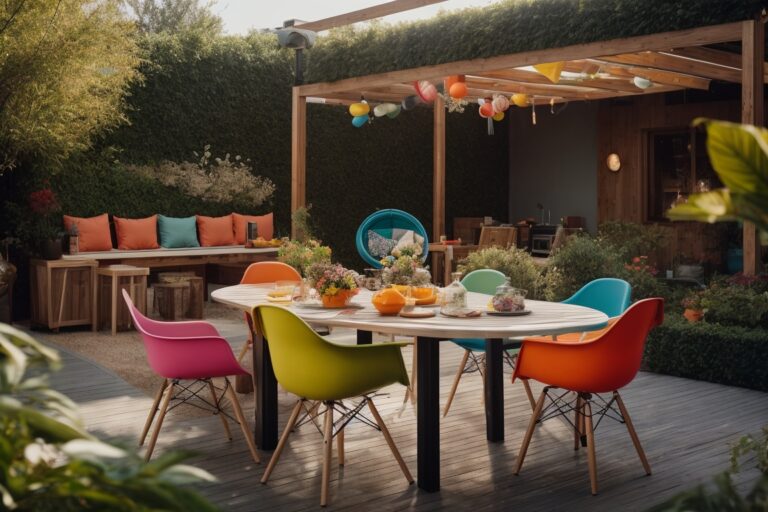 Mesa extensível contemporânea em uma área externa com cadeiras coloridas, próxima a uma área de churrasco e um espaço de lazer infantil, destacando a multifuncionalidade do espaço.