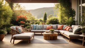 Varanda decorada com móveis modernos para área externa, destacando sofás, mesa de jantar e espreguiçadeiras em um ambiente acolhedor e elegante.