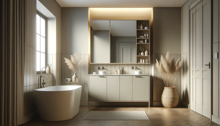 Imagem de um banheiro moderno com gabinete elegante, linhas limpas e paleta de cores neutras, exemplificando um design interior contemporâneo.