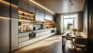 Cozinha modulada moderna com design elegante e prático, mostrando armários e bancada, ideal para artigo sobre ideias de cozinha modulada.