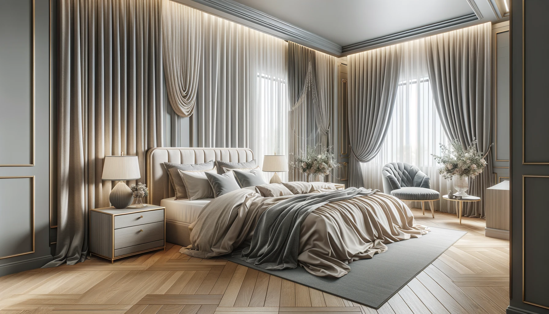 Quarto elegante com diferentes estilos de cortinas, combinando conforto e sofisticação em decoração de interiores.