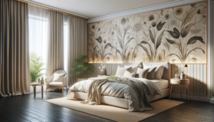 Quarto moderno e tranquilo com papel de parede de padrões botânicos, móveis elegantes e decoração sofisticada, refletindo um ambiente calmo e pessoal.