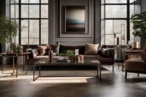 Sala de estar moderna com três mesas de centro de estilos variados, incluindo clássico, industrial e minimalista, complementadas por decoração elegante.