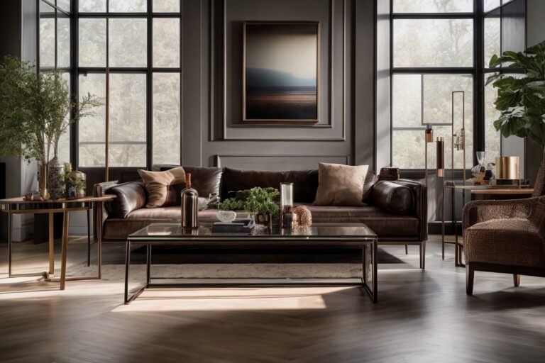 Sala de estar moderna com três mesas de centro de estilos variados, incluindo clássico, industrial e minimalista, complementadas por decoração elegante.