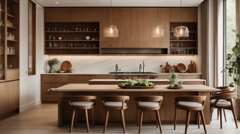 Cozinha luxuosa com armários planejados em madeira e vidro, prateleiras abertas com louças decorativas e área de refeições integrada.