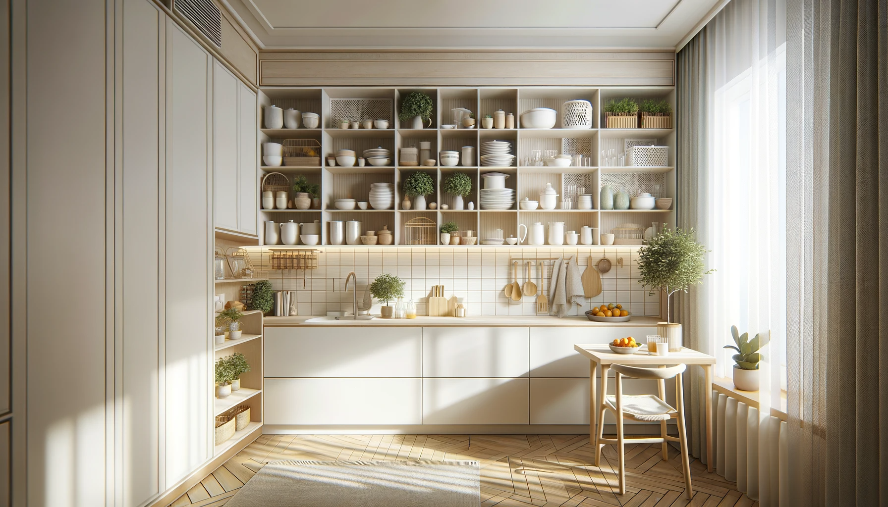 Uma cozinha pequena e elegante com prateleiras abertas, móveis multifuncionais e decoração clara.
