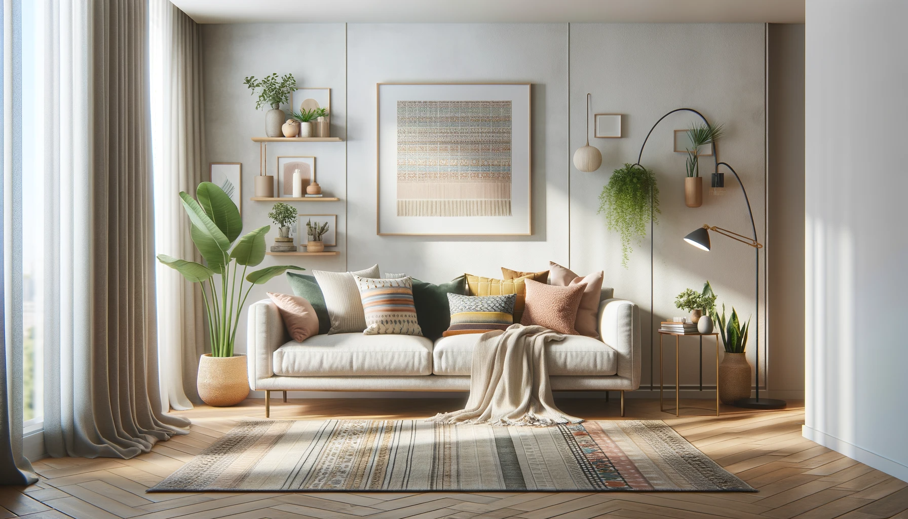 Sala de estar moderna com decoração elegante, misturando minimalismo e Boho-chic, com sofá, almofadas variadas, tapete e plantas.