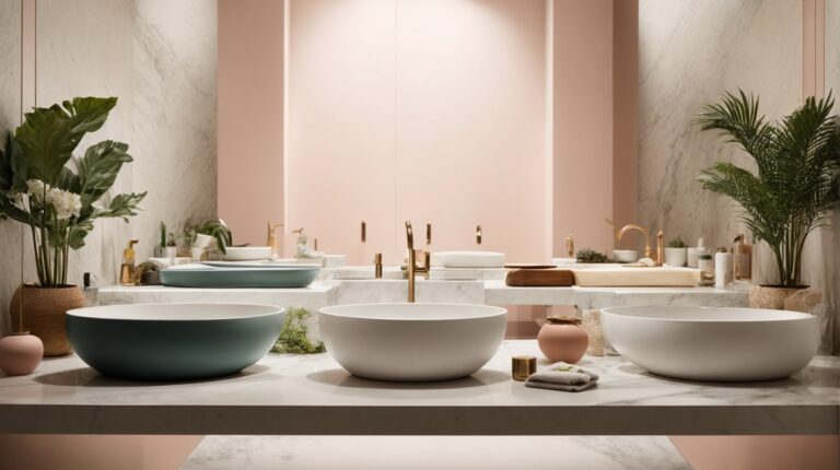 Variedade de estilos de pia de banheiro, incluindo designs modernos, clássicos e minimalistas, com acessórios elegantes e decoração suave.