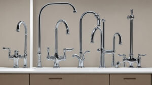 Imagem comparativa de três estilos de torneiras para cozinha - gourmet, flexível e monocomando, destacando suas diferenças e singularidades em design e funcionalidade.