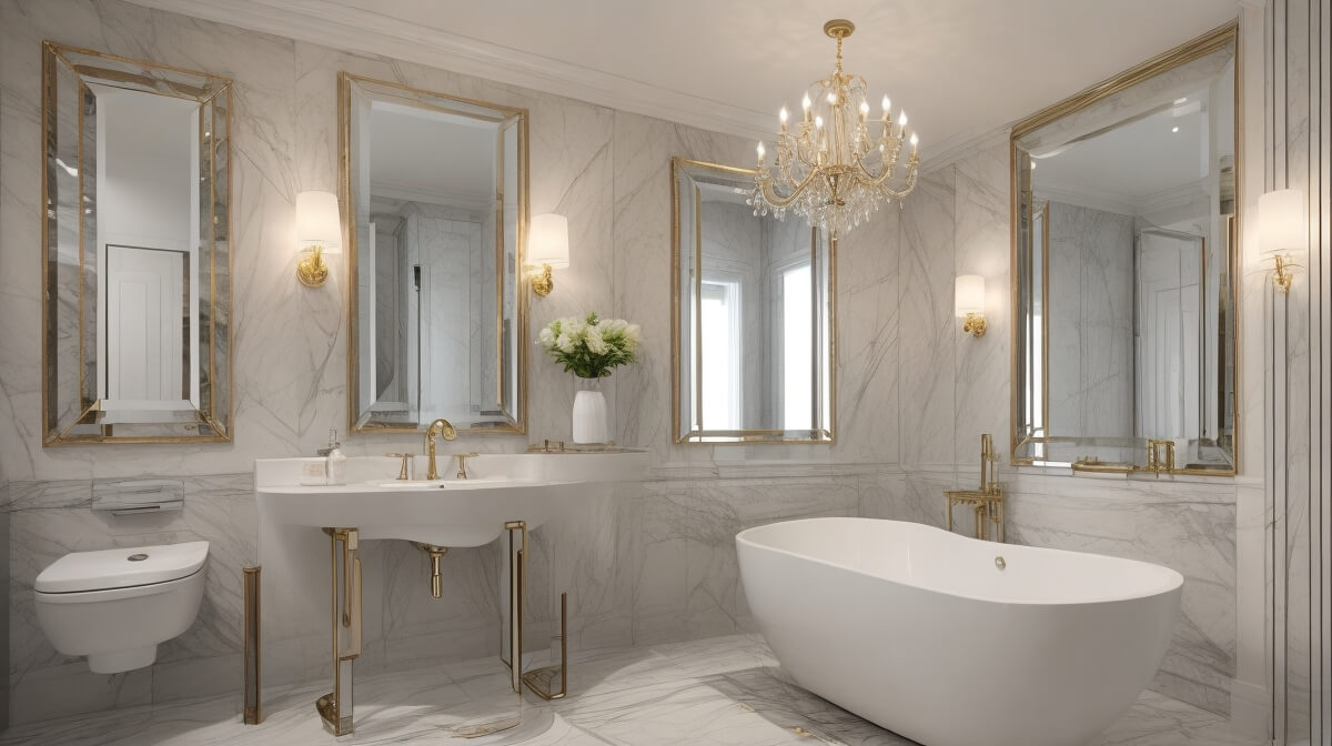 Espelhos para banheiro em estilos moderno, vintage e com LED em um banheiro luxuoso, refletindo sofisticação e inovação em design de interiores.